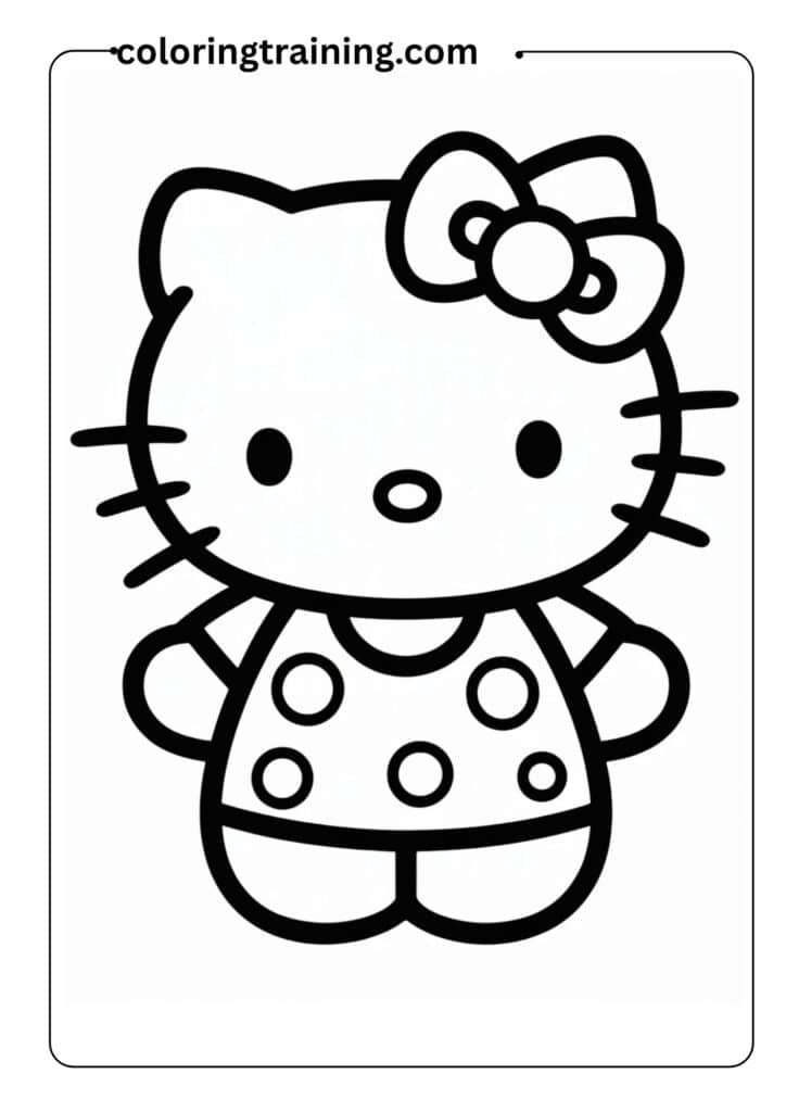 Hello Kitty standing in her classic pose, wearing a bow on her left ear, simple dress, clean black and white line art, kawaii cartoon style,