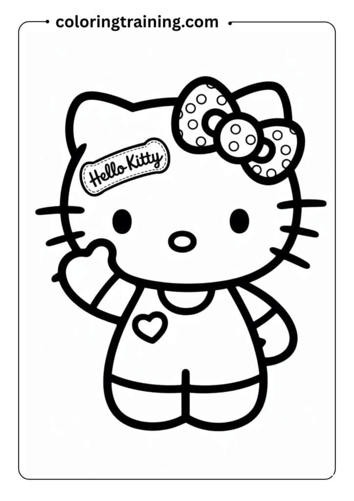 Hello Kitty standing with a bow on her head, waving hello, kawaii style, clean black and white line art, no background, high-resolution, for printable coloring page