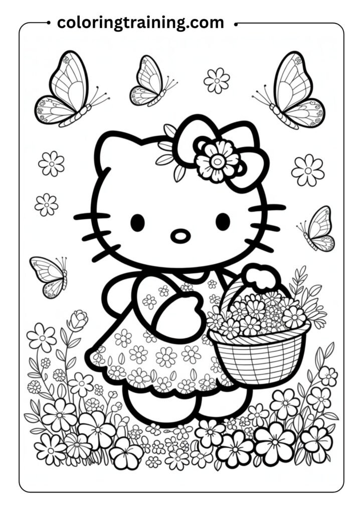 Hello Kitty wearing a cute spring dress and flower crown, holding a basket of flowers,
