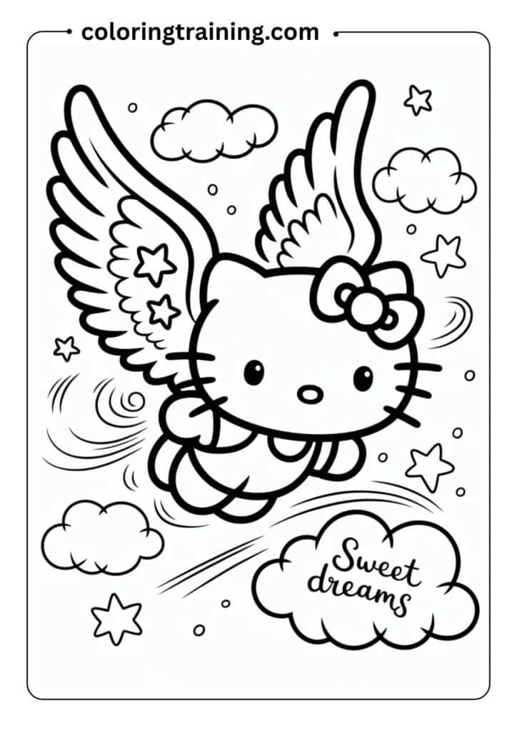 Hello Kitty with angel wings, flying in the sky with clouds and stars, kawaii cartoon style, for printable coloring page