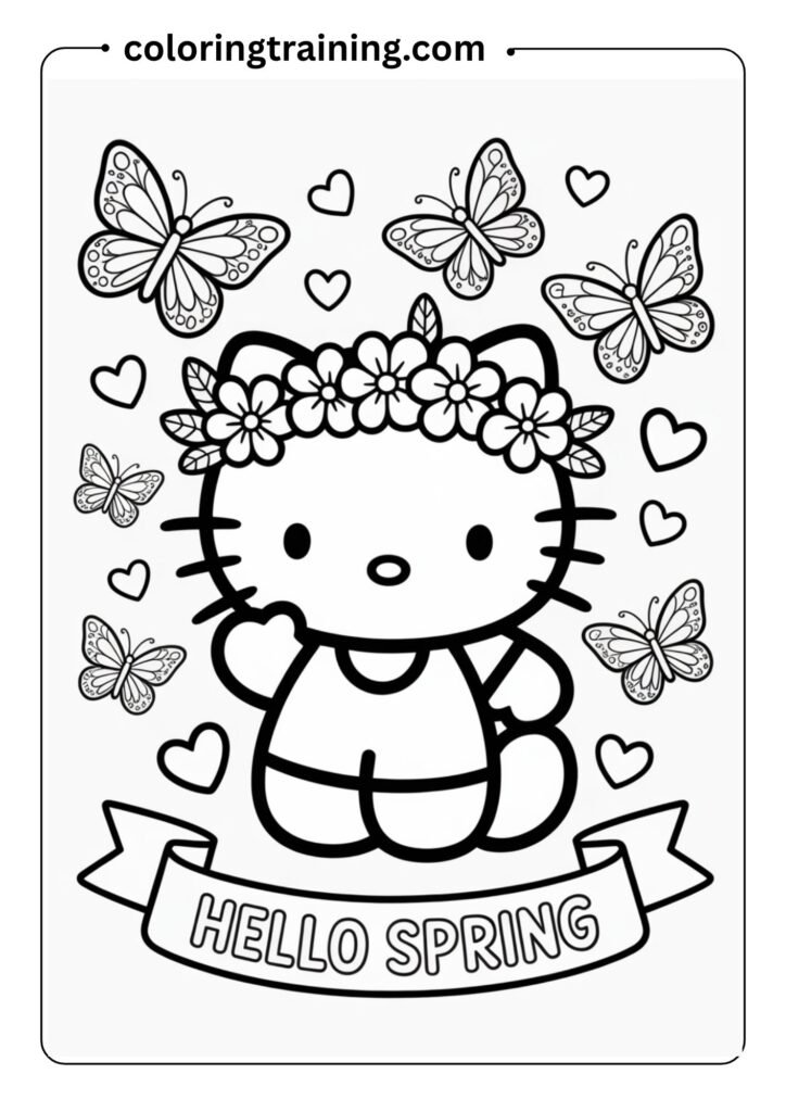 Springtime Hello Kitty in a flower crown, butterflies flying around, cute pose, coloring sheet outline
