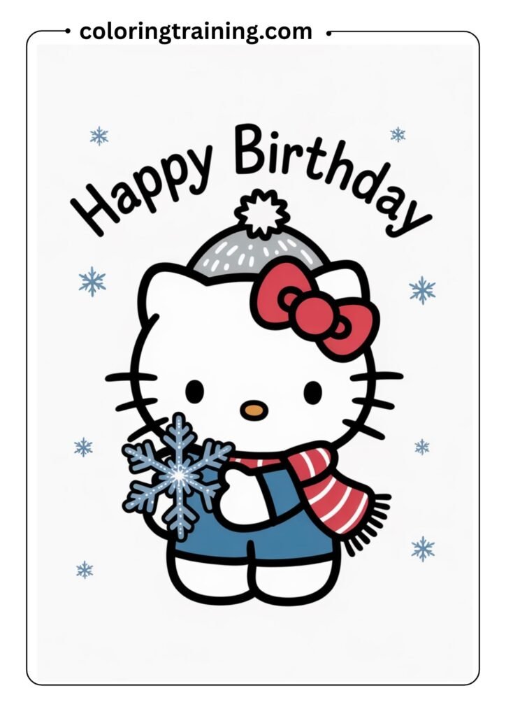 Winter Hello Kitty wearing scarf and beanie, holding a snowflake, simple black-and-white outline, no background